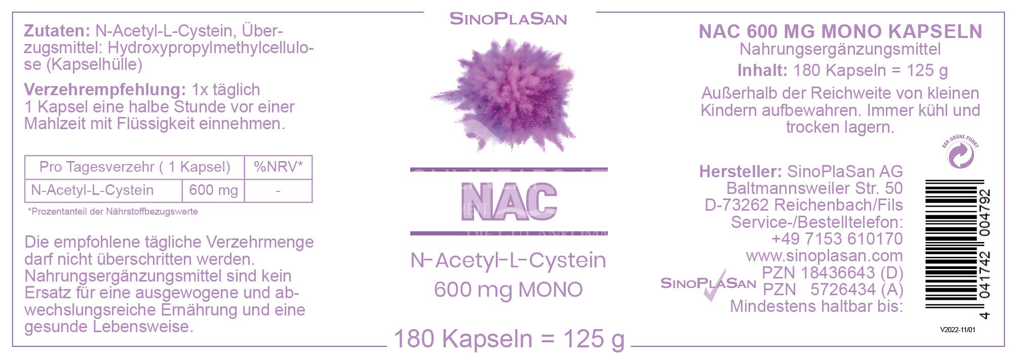 SinoPlaSan NAC N-Acetyl-L-Cystein 600 mg MONO Kapseln