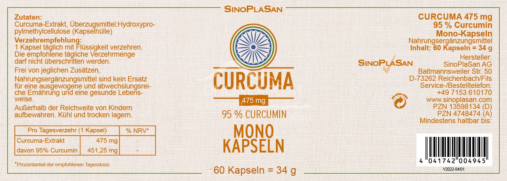 SinoPlaSan Curcuma - 95% Curcumin Mono Kapseln