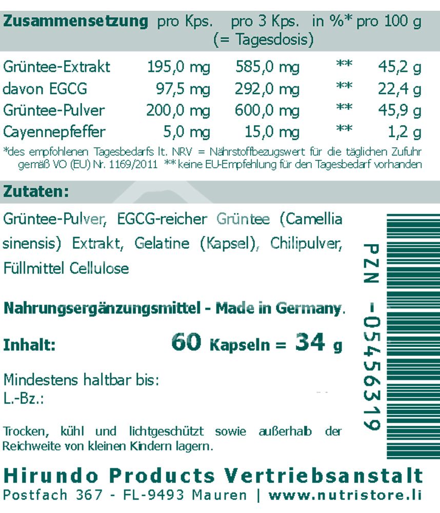 The Nutri Store EGCG 97,5 mg Epigallocatechingallat Grüntee Kapseln