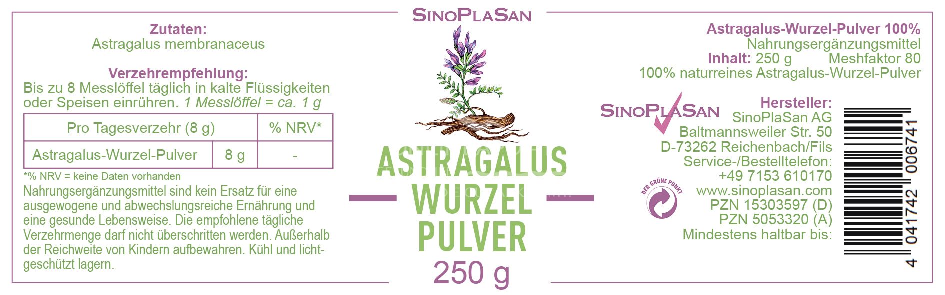 SinoPlaSan Astragalus Wurzel Pulver