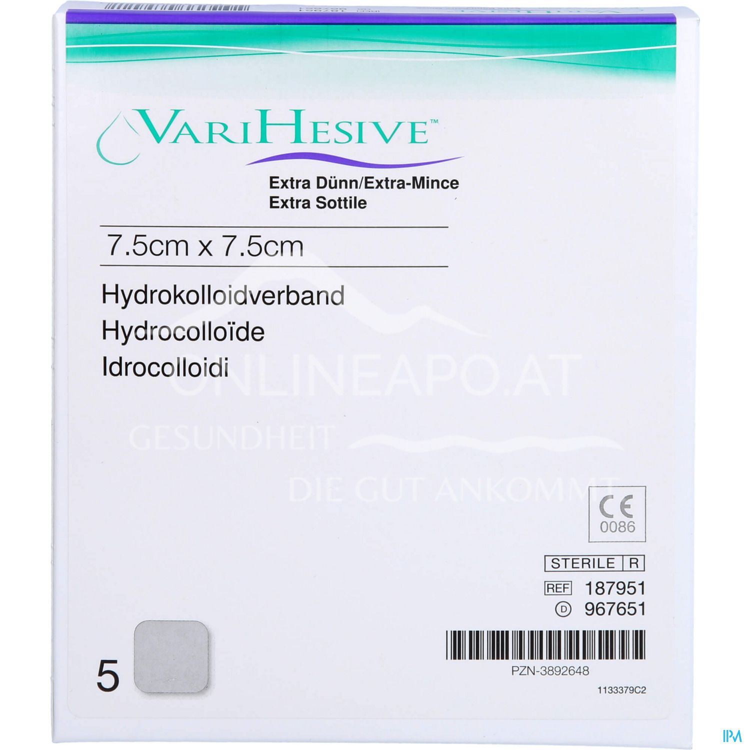 ConvaTec VARIHESIVE® Extra dünn Hydrokolloidverband steril, 7,5 x 7,5 cm
