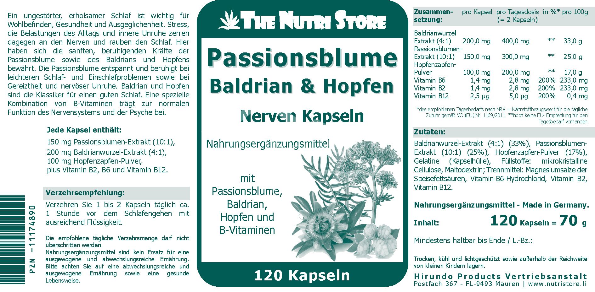 The Nutri Store Passionsblume Baldrian & Hopfen Nerven Kapseln