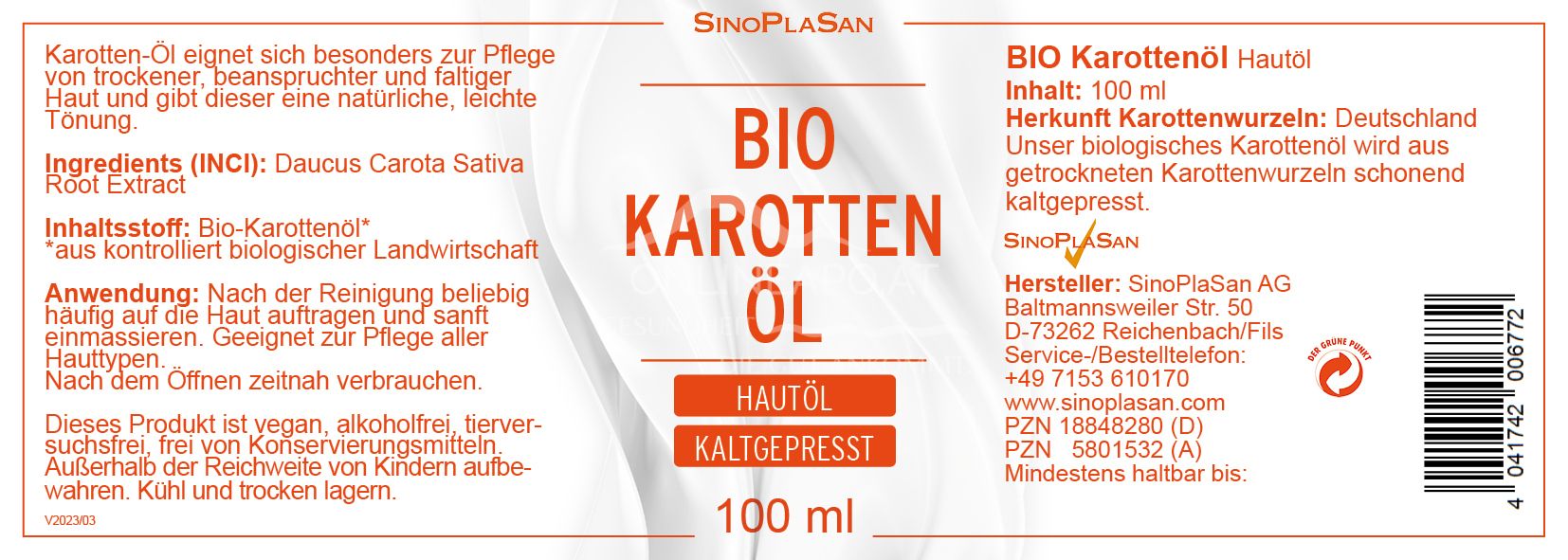 SinoPlaSan Bio Karottenöl Hautpflegeöl