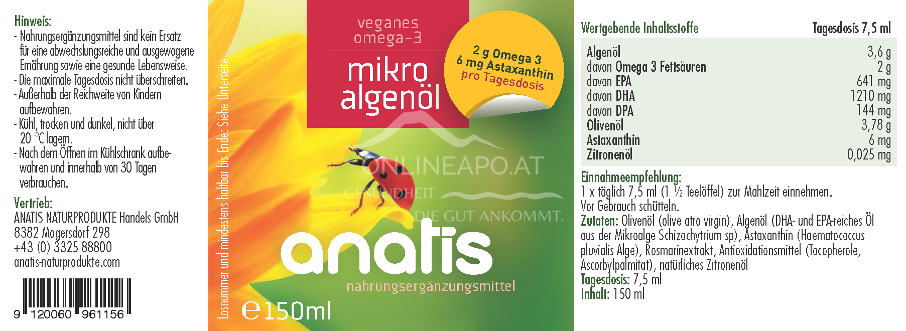 anatis Mikroalgenöl mit Astaxanthin | vegan