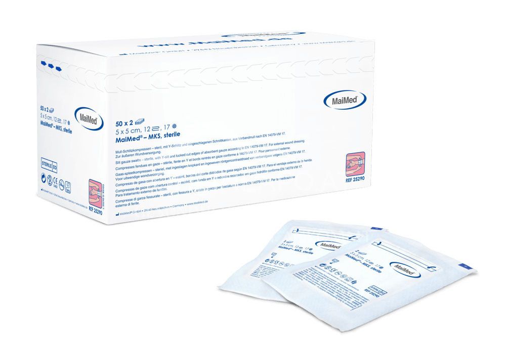MaiMed® - MKS steril Mull Schlitzkompressen mit Y-Schlitz, 12-fach, 5 x 5 cm, 50 x 2 Stück