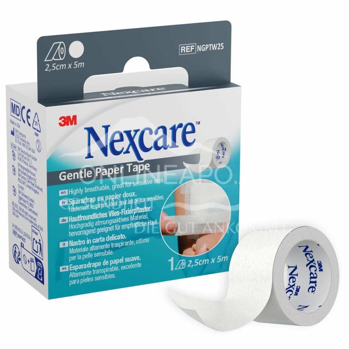 3M™ Nexcare™ Gentle Paper Tape, sensitives Fixierpflaster, Rolle, weiß, 25 mm x 5 m