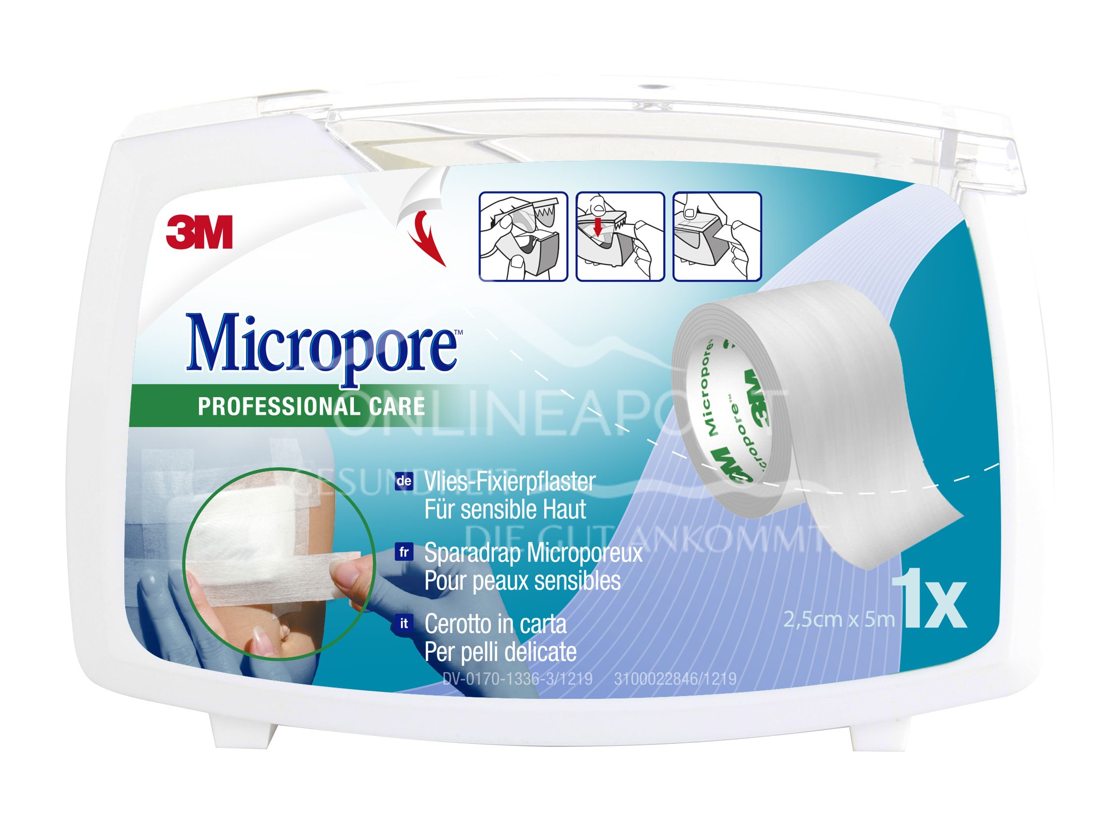 3M™ Micropore™ Vliespflaster, 1530-1, mit Abroller, 2,5 cm x 5 m
