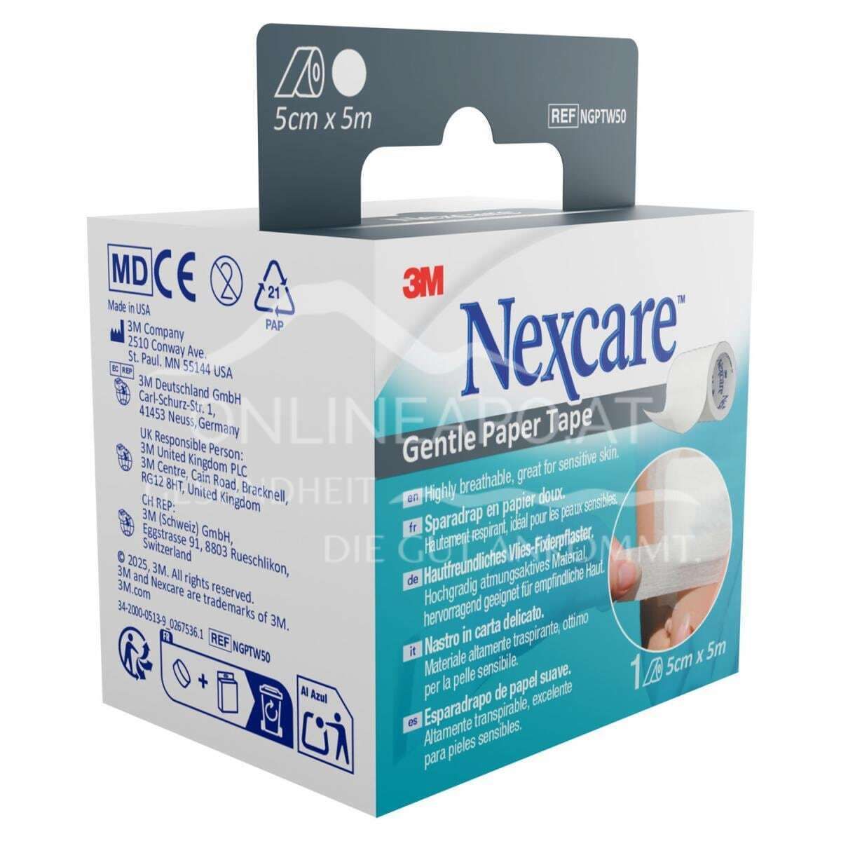 3M™ Nexcare™ Gentle Paper Tape, sensitives Fixierpflaster, Rolle, weiß, 50 mm x 5 m