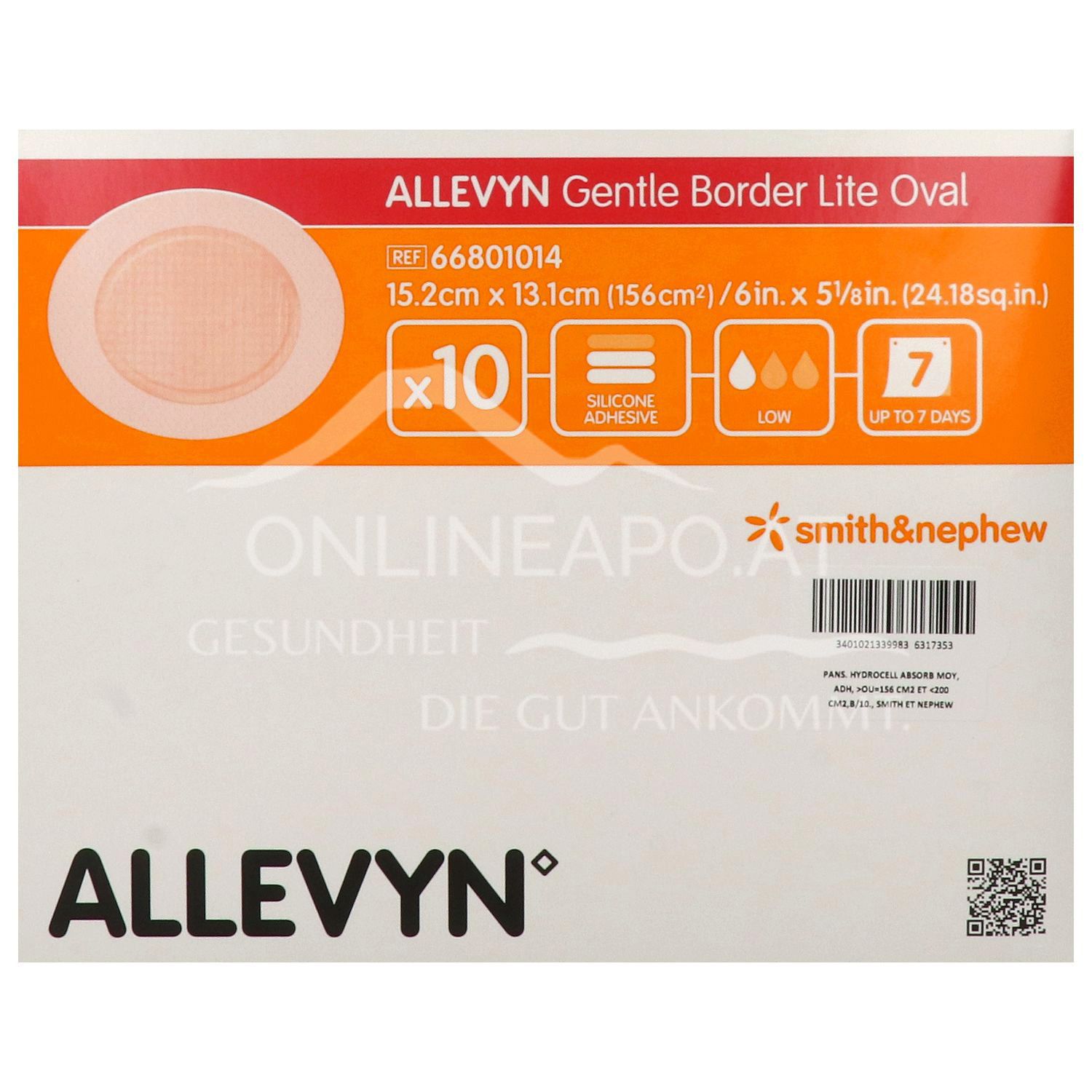 ALLEVYN GENTLE BORDER LITE Oval haftender Silikon-Schaumverband steril, 15,2 x 13,1 cm (156 cm²)