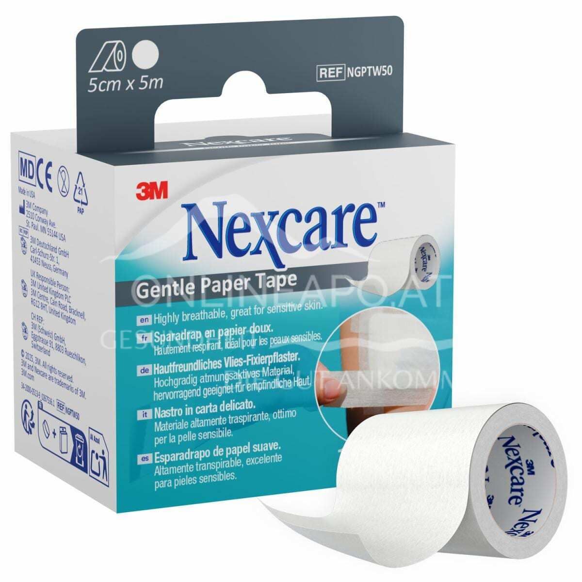 3M™ Nexcare™ Gentle Paper Tape, sensitives Fixierpflaster, Rolle, weiß, 50 mm x 5 m