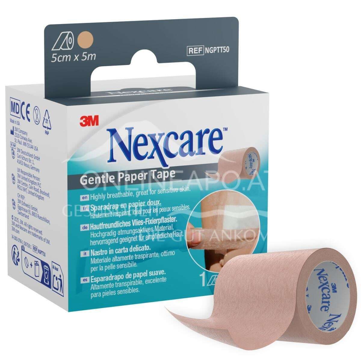 3M™ Nexcare™ Gentle Paper Tape, sensitives Fixierpflaster, Rolle, beige, 50 mm x 5 m