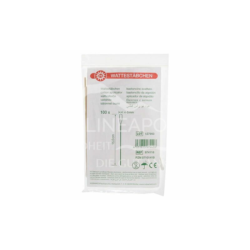 Nobamed Wattestäbchen Holzträger mit Wattekopf 4-5 mm, 15 cm lang, unsteril