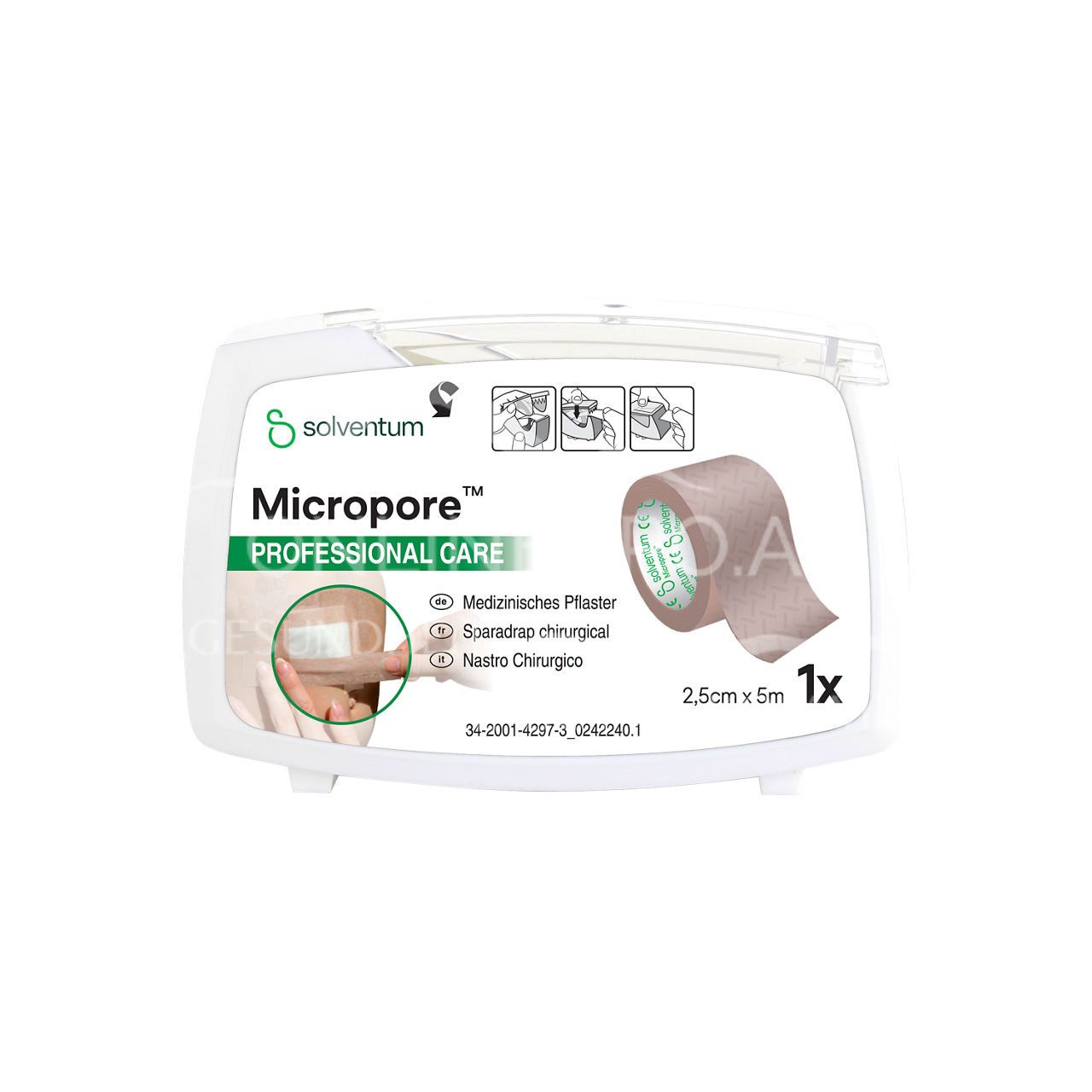 Solventum™ Micropore™ Hypoallergenes Vliespflaster, 1533NP-1, weiß, mit Abroller, 2.5 cm x 5 m