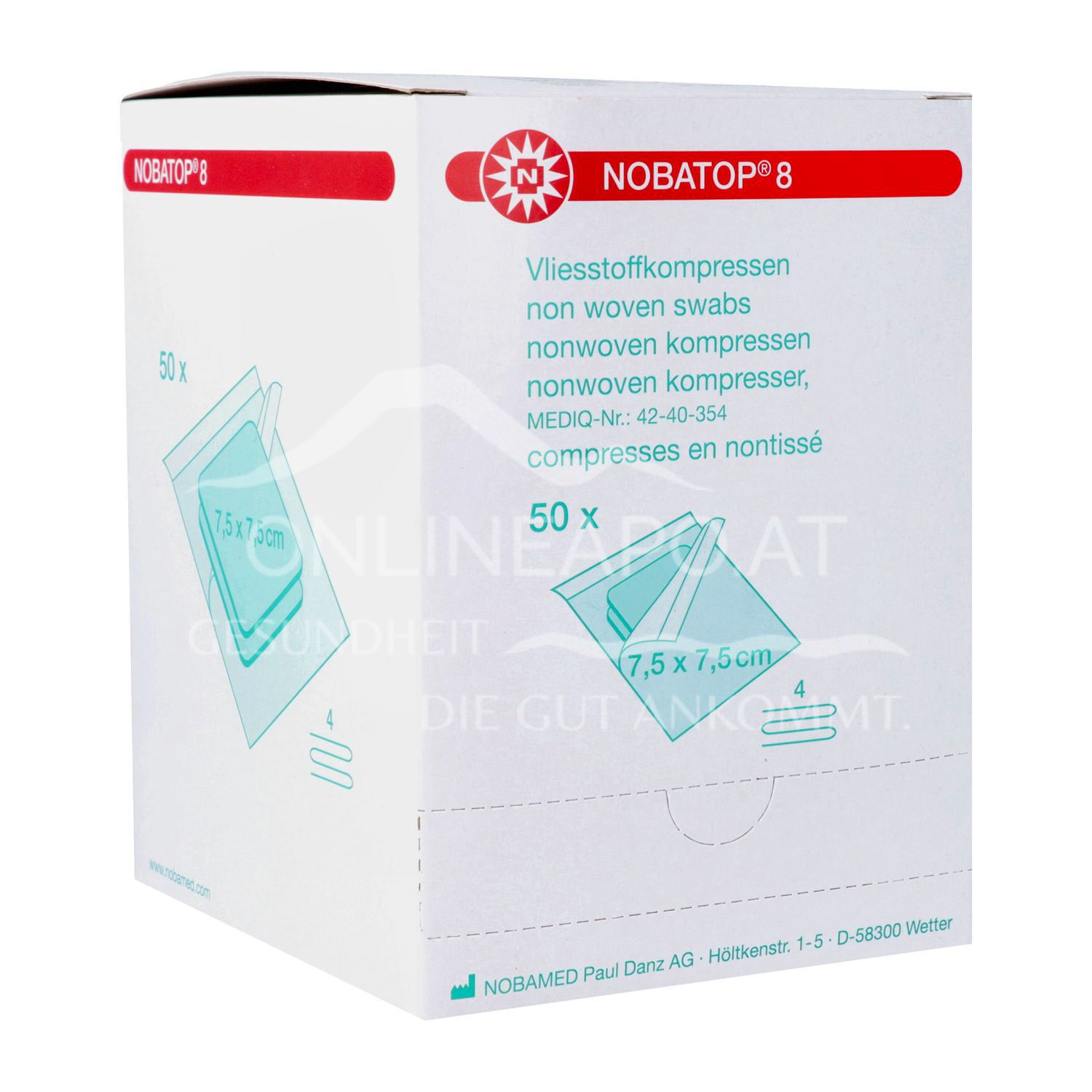 NOBATOP®-steril 8 Vlieskompressen 4-fach, 7,5 x 7,5 cm, 50 x 2 Stück
