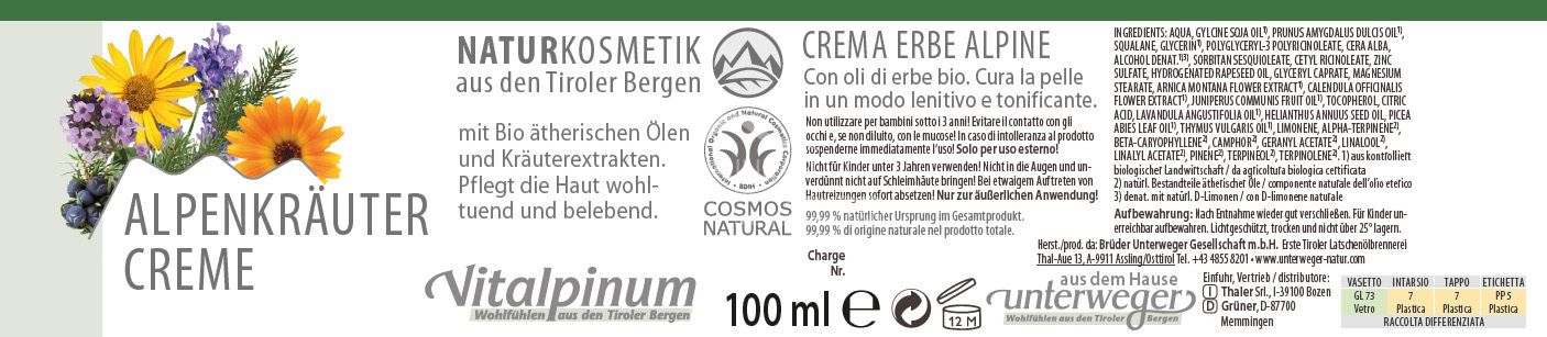 Unterweger Vitalpinum Alpenkräuter Creme