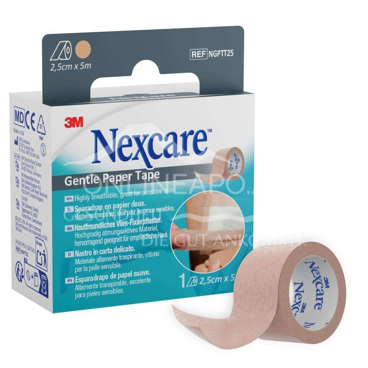 3M™ Nexcare™ Gentle Paper Tape, sensitives Fixierpflaster, Rolle, beige, 25 mm x 5 m