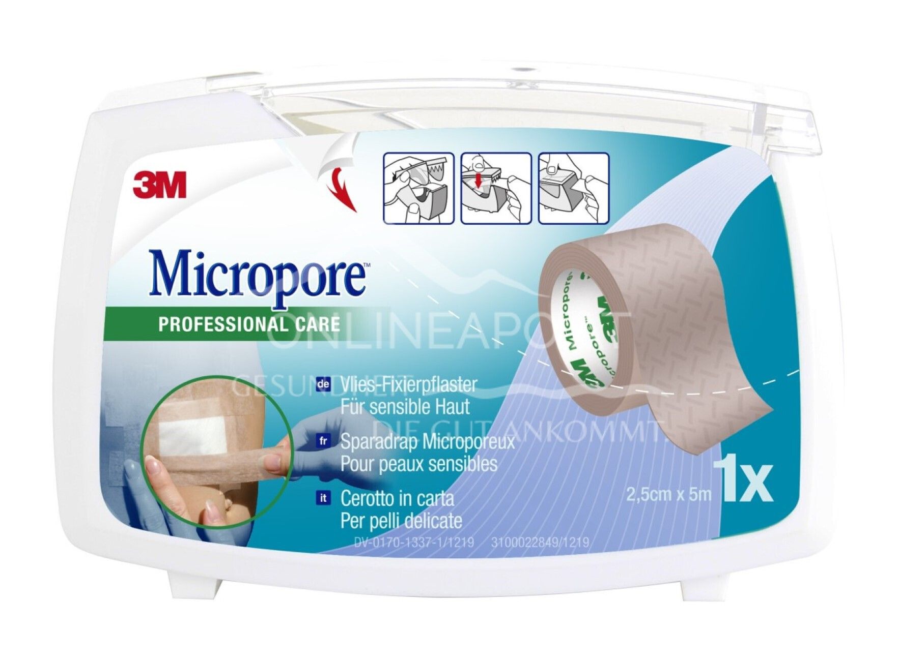 3M™ Micropore™ Hypoallergenes Vliespflaster, 1533NP-1, weiß, mit Abroller, 2.5 cm x 5 m