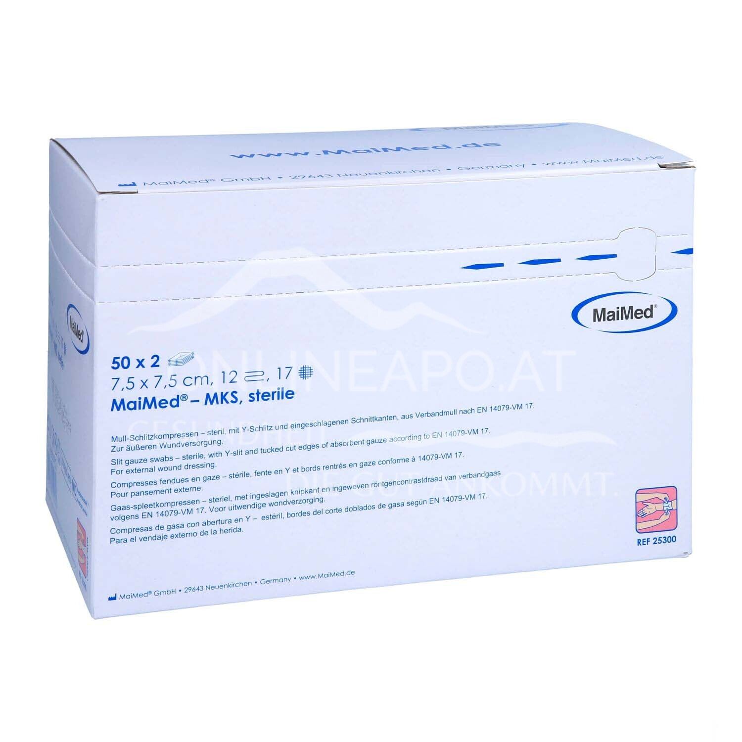 MaiMed® - MKS steril Mull Schlitzkompressen mit Y-Schlitz, 12-fach, 7,5 x 7,5 cm, 50 x 2 Stück