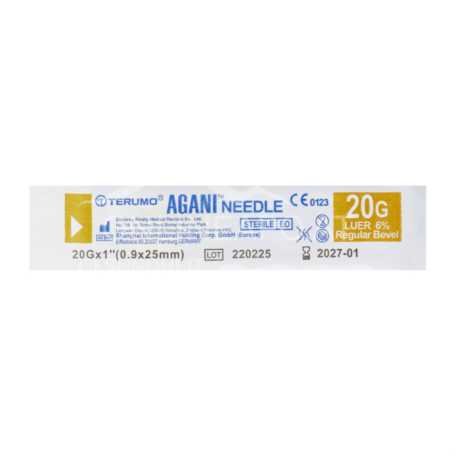 Terumo® Agani™ disposable cannula 20G x 1", Ø 0.90 x 25 mm, yellow