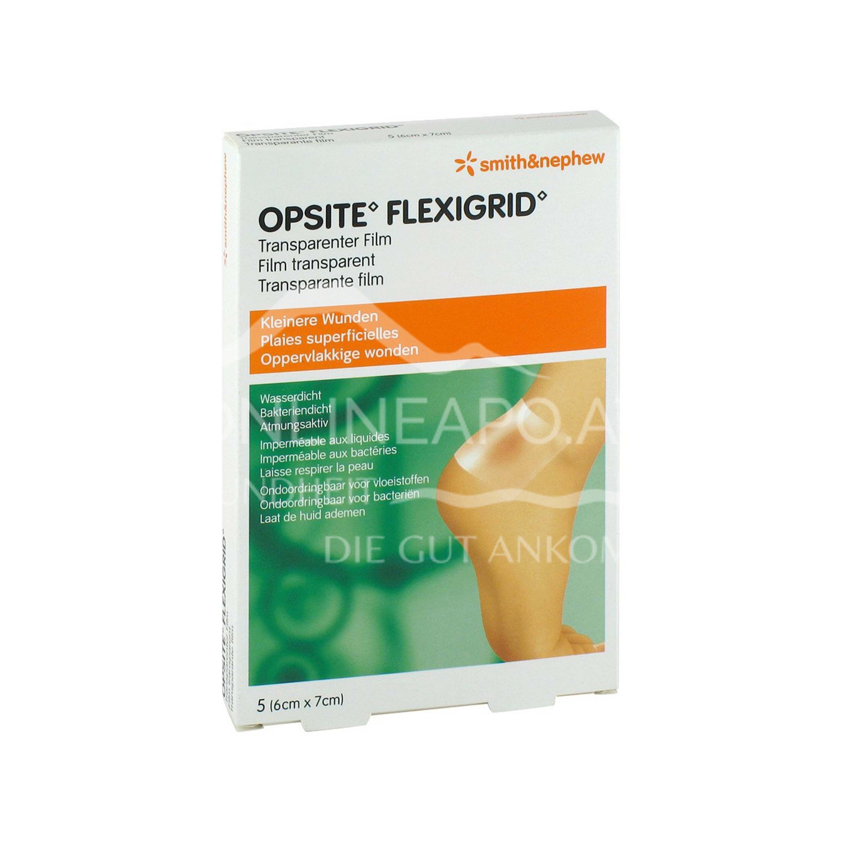 OPSITE FLEXIGRID Transparenter Wundverband steril, 6 x 7 cm, (6x5 Stück)