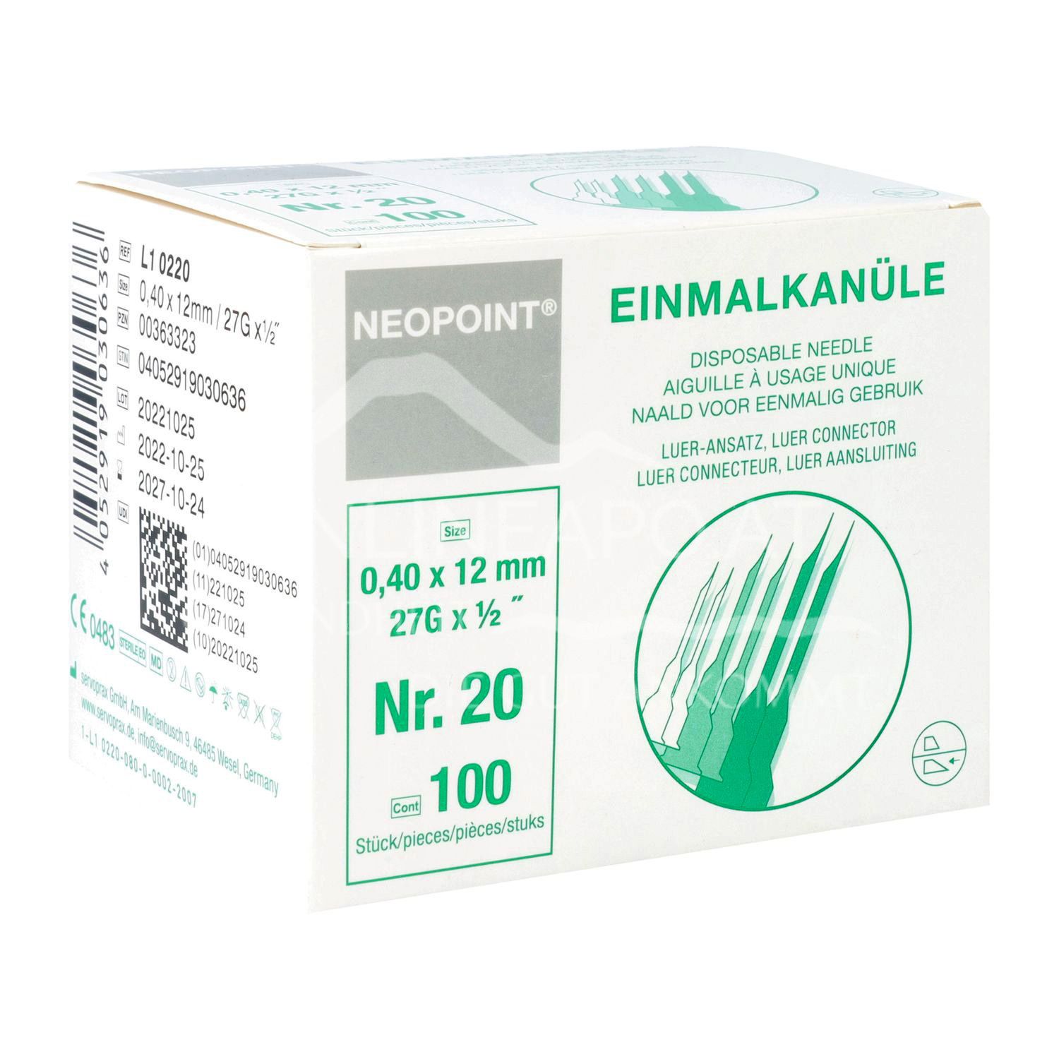 NEOPOINT® Einmalkanülen 27G x 1/2”, Nr. 20, Ø 0,4 mm x 12 mm, grau
