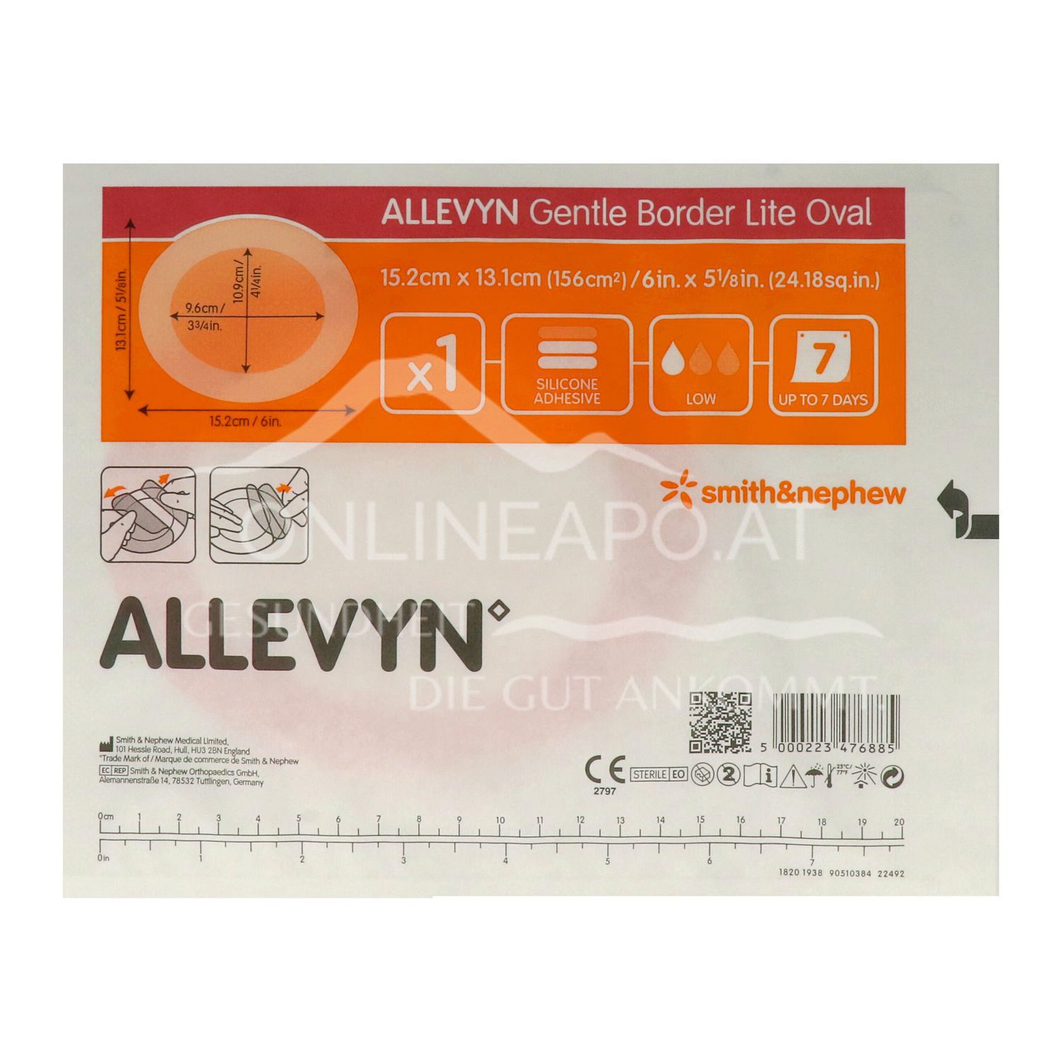 ALLEVYN GENTLE BORDER LITE Oval haftender Silikon-Schaumverband steril, 15,2 x 13,1 cm (156 cm²)