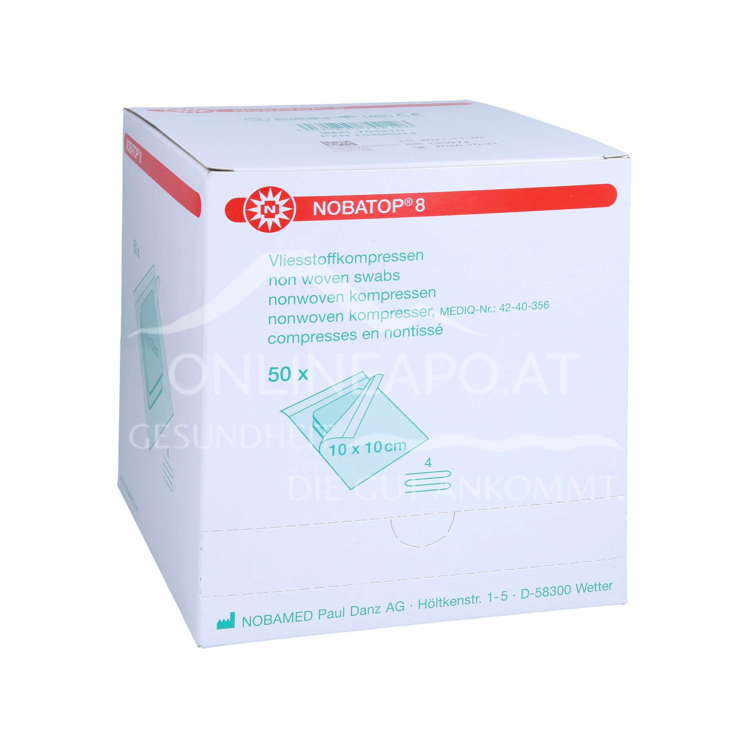 NOBATOP®-steril 8 Vlieskompressen 4-fach, 10 x 10 cm, 50 x 2 Stück