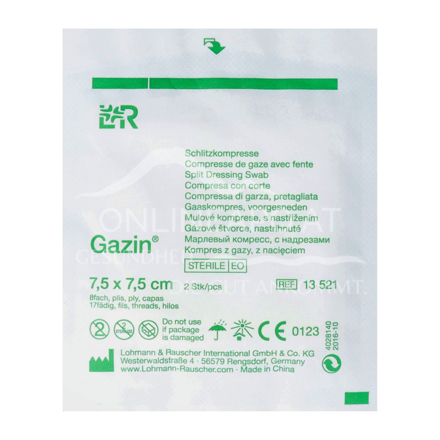 Gazin® slit compresses with Y-incision sterile, 8-ply, 17-thread, 7.5 x 7.5 cm