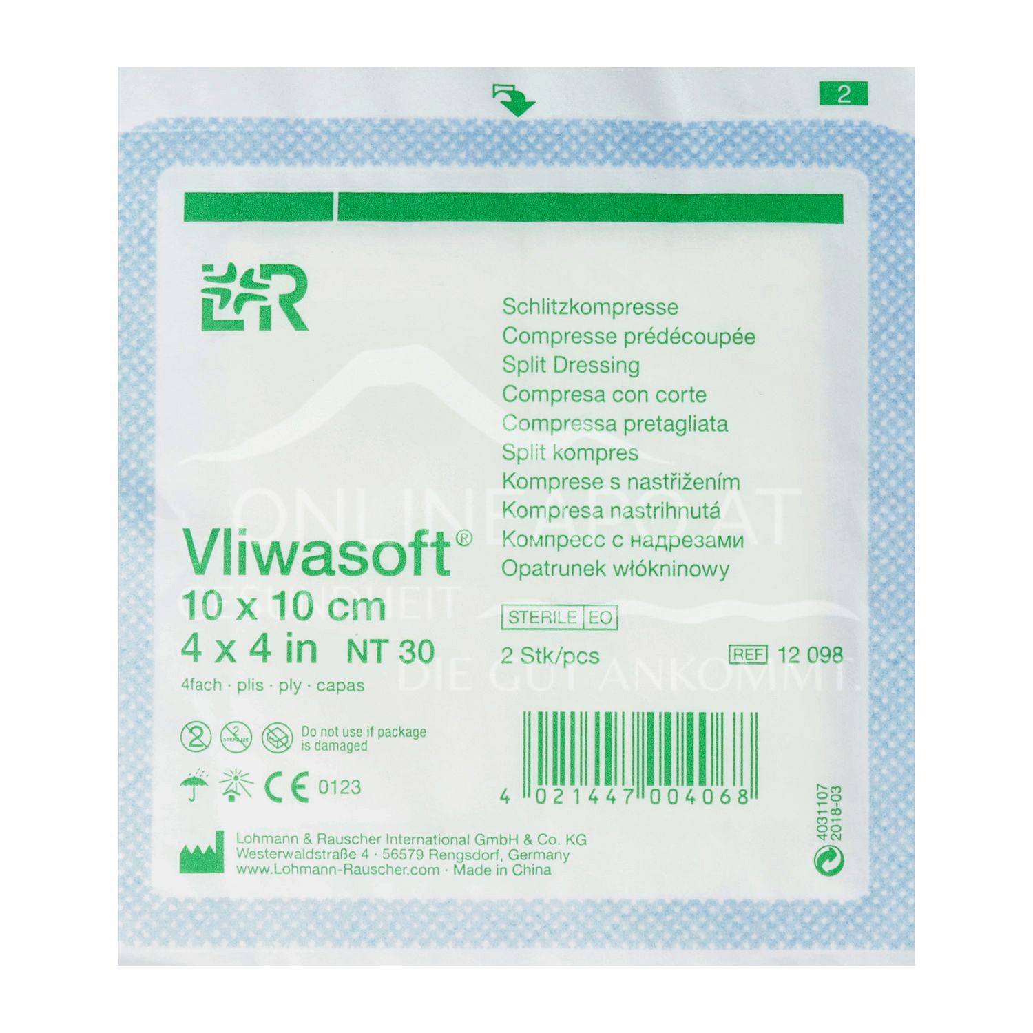 Vliwasoft® slit compresses with Y-incision, sterile, 4-ply, 10 x 10 cm
