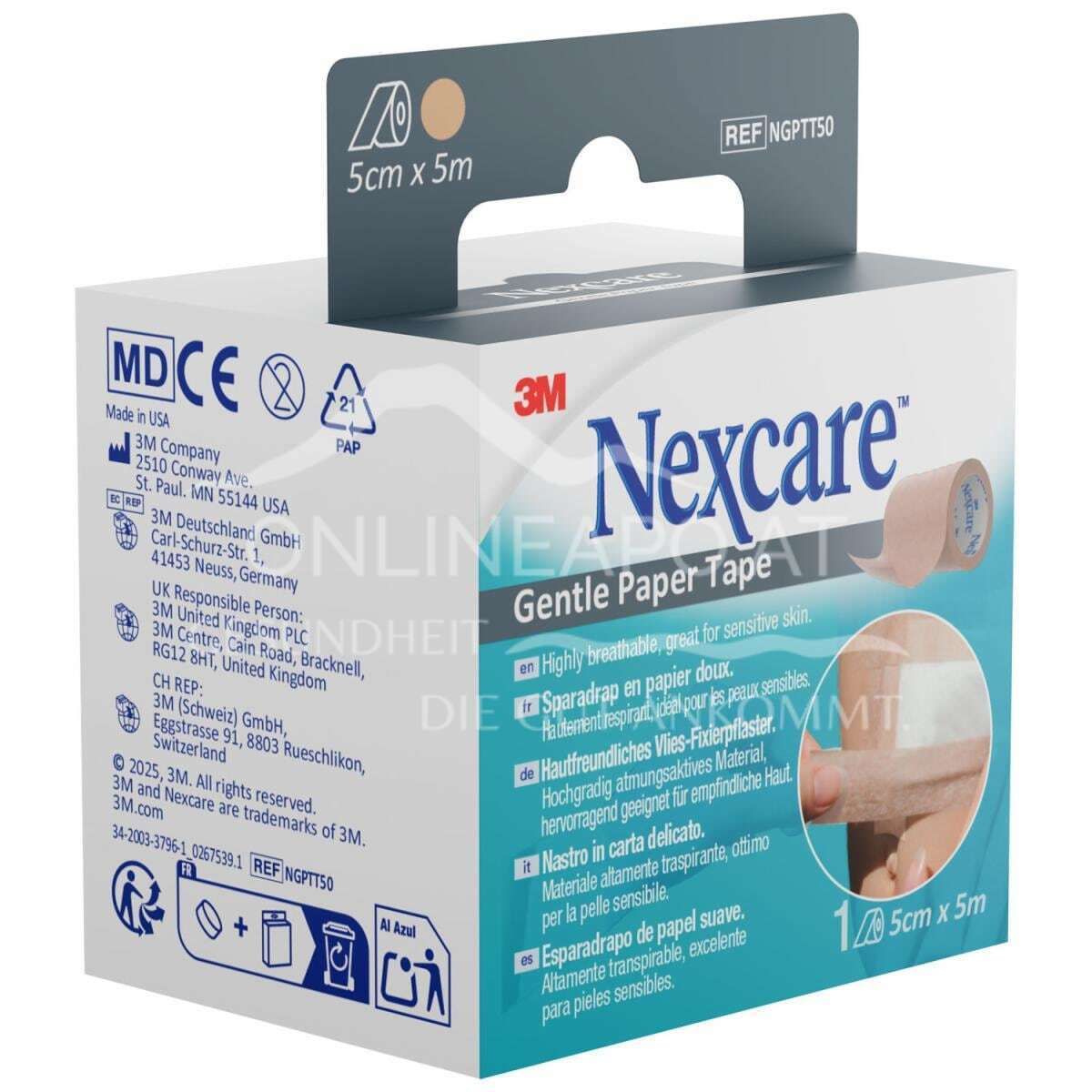 3M™ Nexcare™ Gentle Paper Tape, sensitives Fixierpflaster, Rolle, beige, 50 mm x 5 m