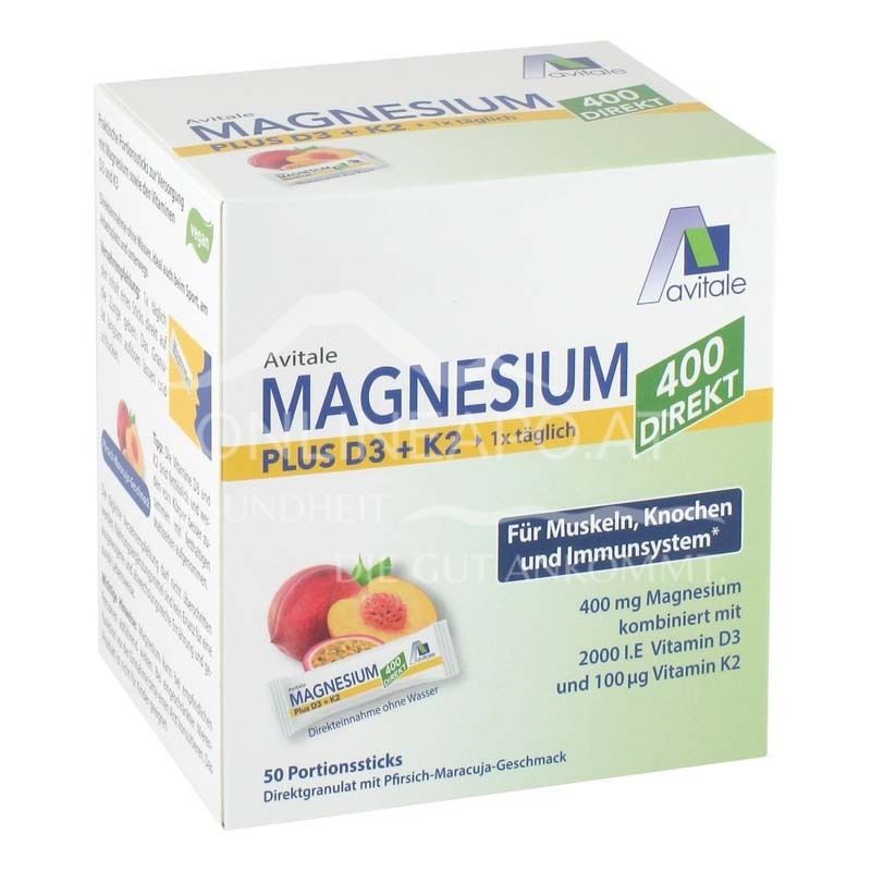Avitale Magnesium 400 + D3 + K2 direkt Pfirsich-Maracuja Direktgranulat Sticks