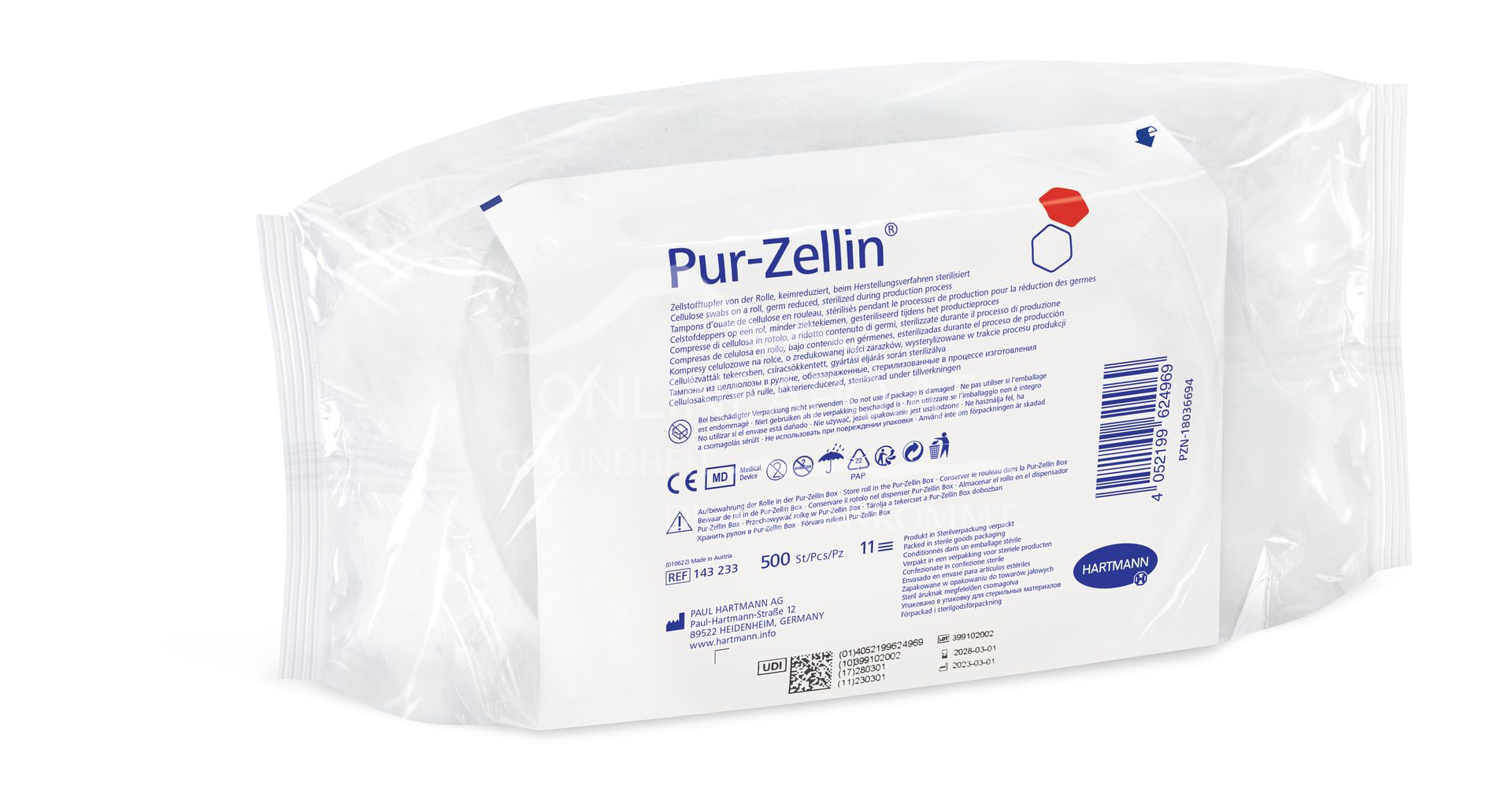 Pur-Zellin® cellulose swab roll (500 pieces), germ-reduced, 4 x 5 cm