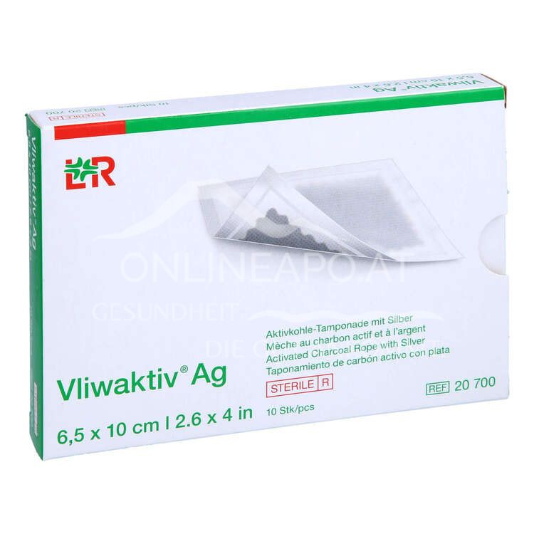 Vliwaktiv® Ag activated charcoal tamponade with silver, sterile, 6.5 x 10 cm