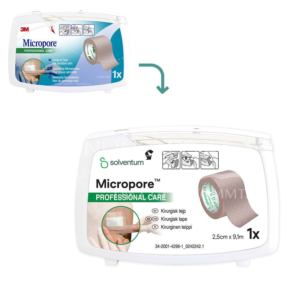 Solventum™ Micropore™ Hypoallergenes Vliespflaster, 1533NP-1, weiß, mit Abroller, 2.5 cm x 5 m