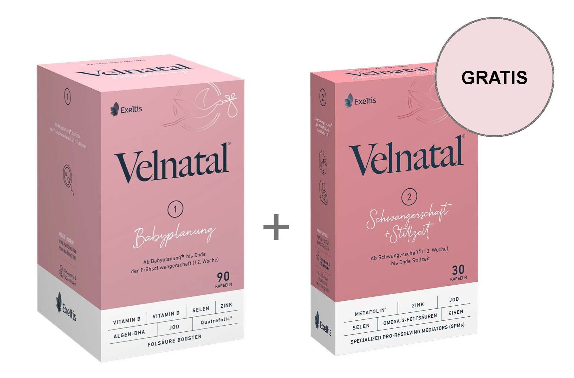 Velnatal® Babyplanung Weichkapseln (90 Stk.) + 1 x gratis Velnatal® Schwangerschaft + Stillzeit Weichkapseln (30 Stk.)